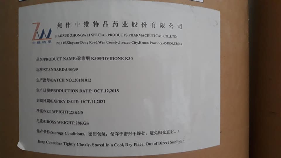 PVP K30 , Polyvinylpyrrolidone K30 , Nguyên liệu dược phẩm , USP 39