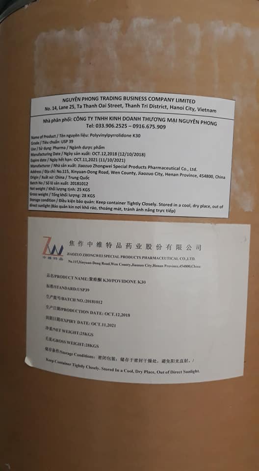 PVP K30 , Polyvinylpyrrolidone K30 , Nguyên liệu dược phẩm , USP 39