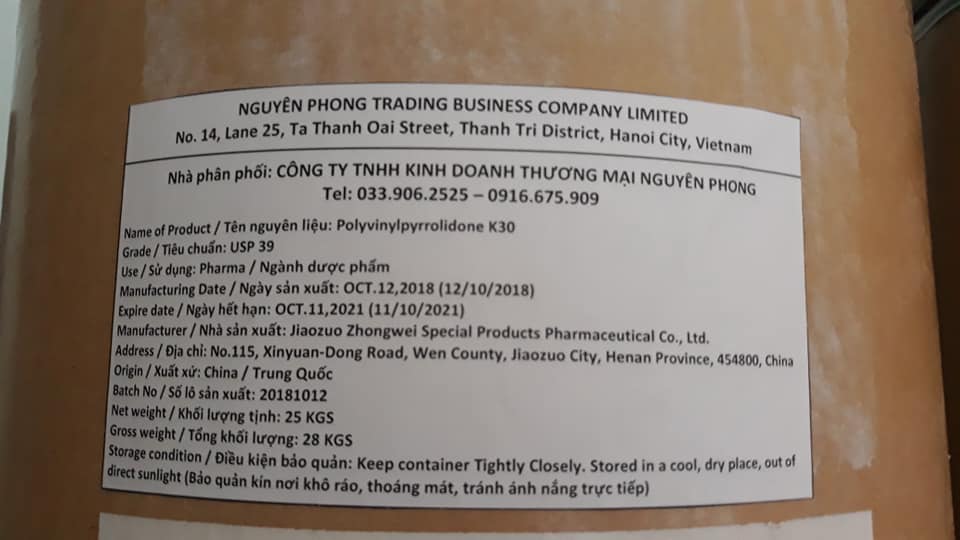 PVP K30 , Polyvinylpyrrolidone K30 , Nguyên liệu dược phẩm , USP 39
